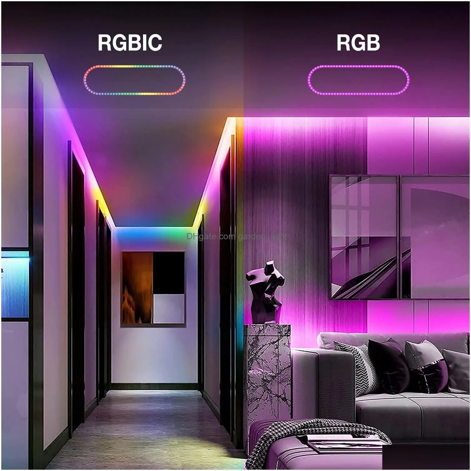 2022 smart rgbic led strip lights 16.4ft 32.8ft bluetooth app control remote music sync color changing for bedroom kitchen home decoration