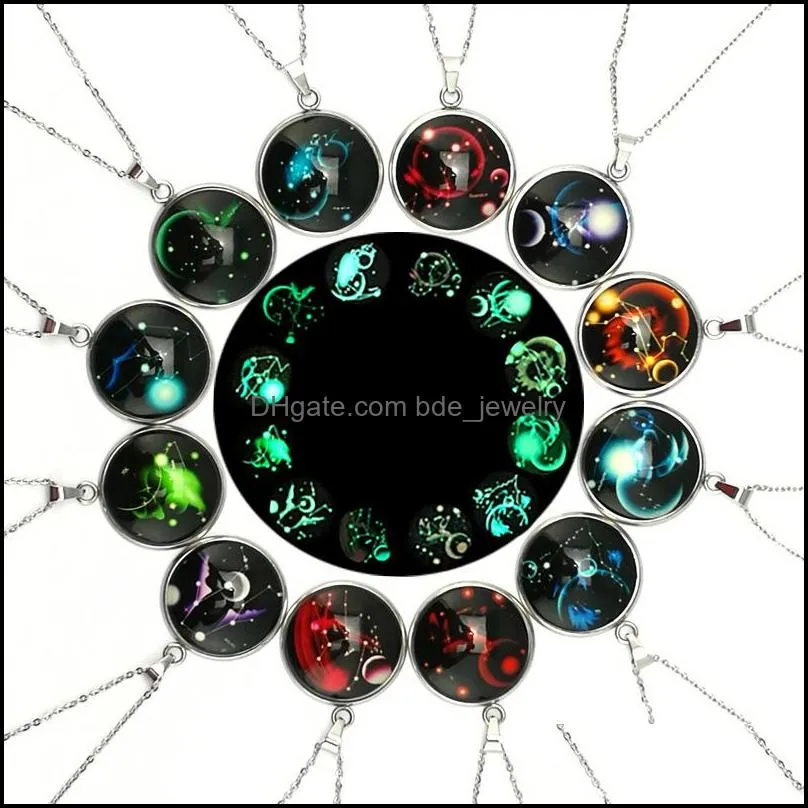 glow in the dark 12 zodiac sign necklaces for women men stainless steel horoscope glass cabochons pendant chains fashion luminous