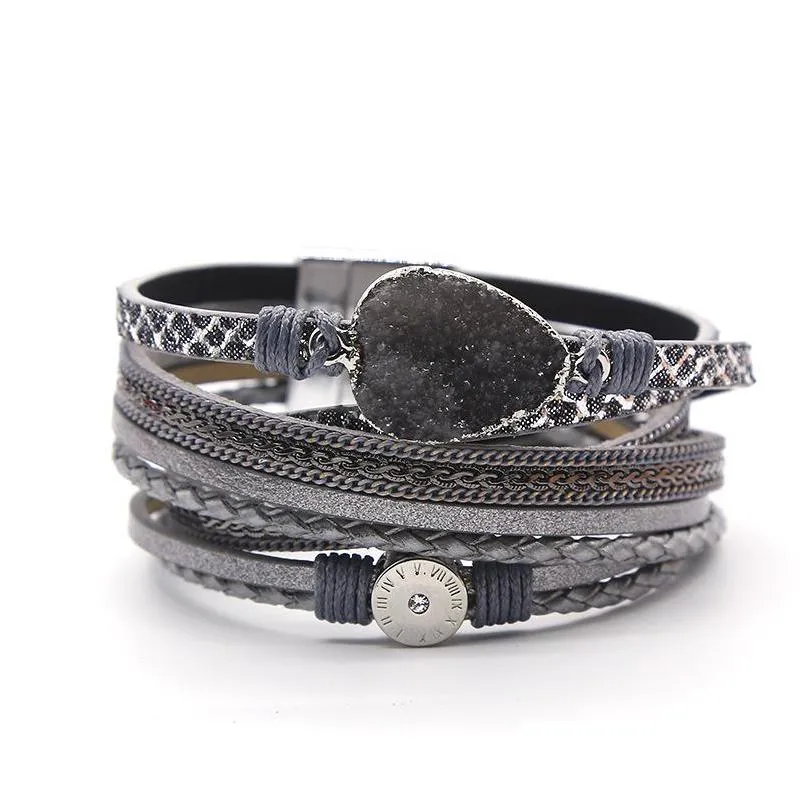 fashion jewelry pu leather bracelet charm multi layer magnet clasp bracelet
