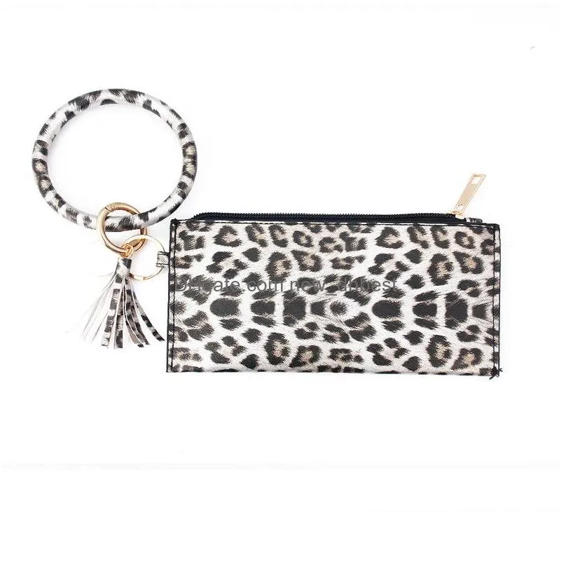 women girls leopard pu leather bracelet key ring bangle keyring ring circle keychain wristlet keyrings jewelry with wallet purse