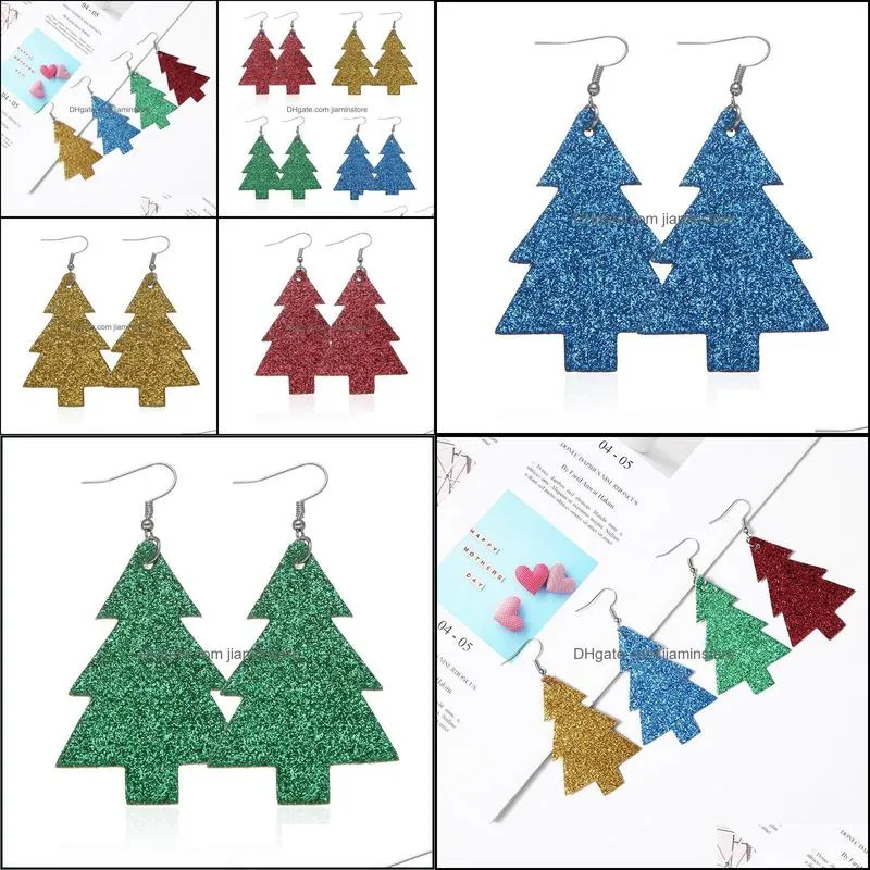 fashion pu leather christmas trees double sided sequins dangle earrings for women jewelry