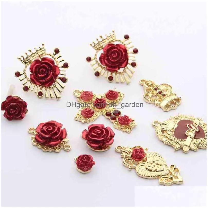 golden zinc alloy rose flower crown cross charms base connectors 6pcs/lot for diy jewelry earrings making accessories