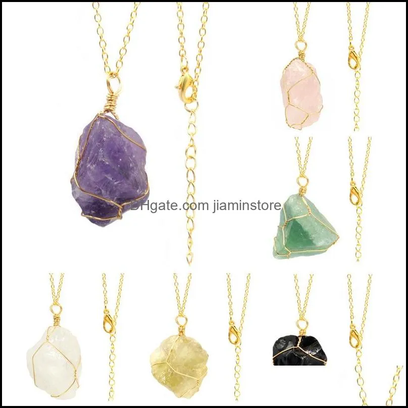 natural crystal rough stone irregular raw ore necklaces amethyst rose quartz chakra reiki healing pendant necklace for women men