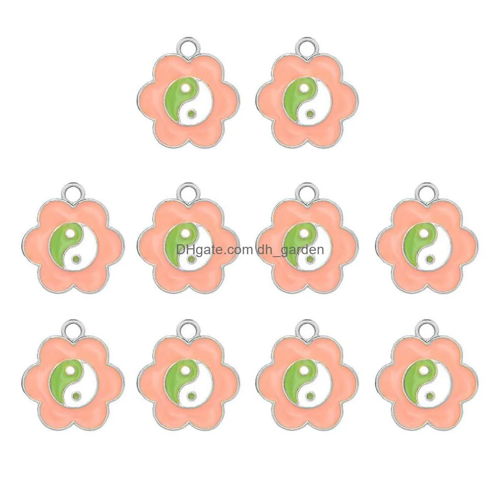 colorful 17x15mm enamel cute flower charms silver color metal drip oil bagua yin yang tai chi pendant diy bracelet accessories