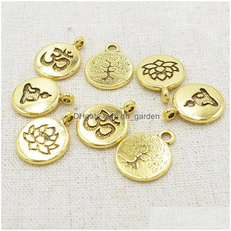 10pcs/lot tibetan silver round tag lotus/life tree/buddha charms 15mm handmade metal pendants diy jewelry making accessories