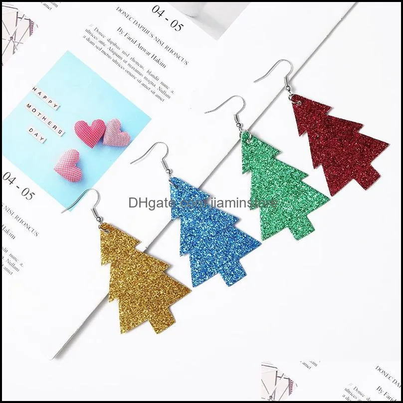 fashion pu leather christmas trees double sided sequins dangle earrings for women jewelry