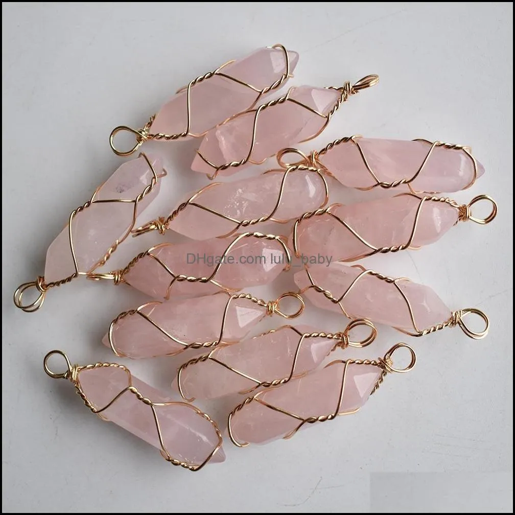 natural stone pink quartz charms pillar shape point handmade iron wire amethyst pendants for jewelry necklace earrings making