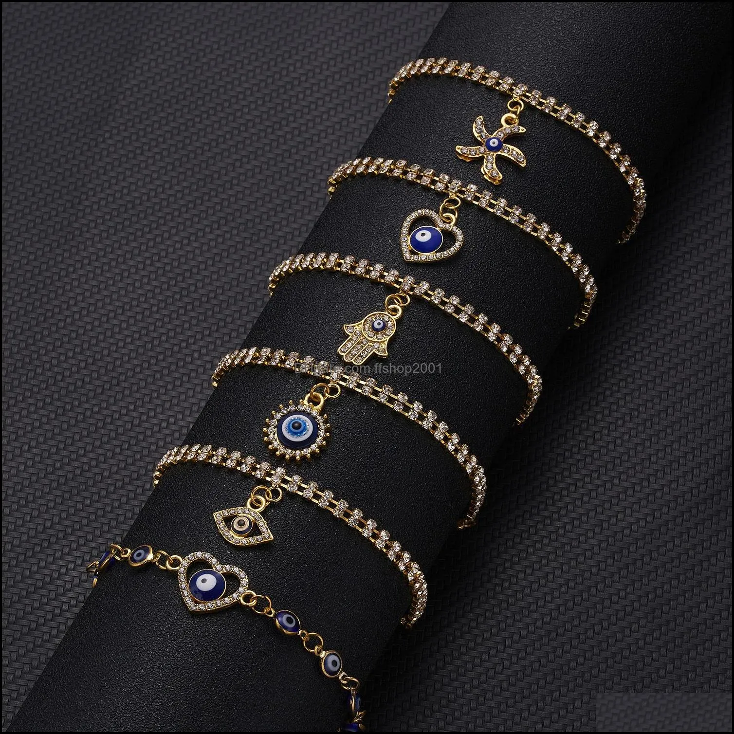  blue evil eye bracelets for women hand heart starfish charm crystal tennis chain bange female fashion party jewelry gift