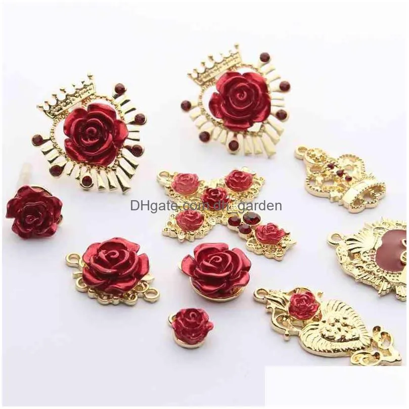 golden zinc alloy rose flower crown cross charms base connectors 6pcs/lot for diy jewelry earrings making accessories
