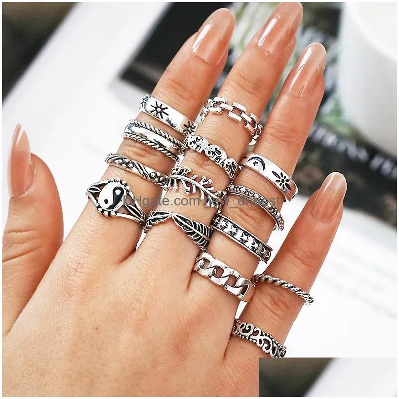 fashion jewelry knuckle ring set retro silver relief elephant chain geometric stacking rings midi rings sets 14pcs/set