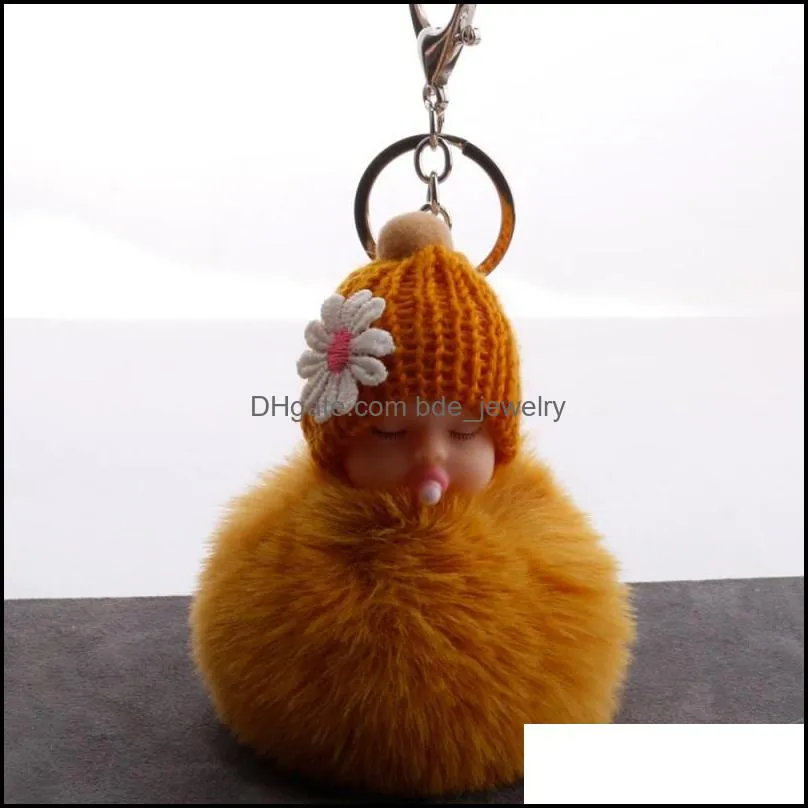 flower key rings sleeping baby doll pompom keychains plush fur ball keychain for women handbag pendant fluffy keyfob