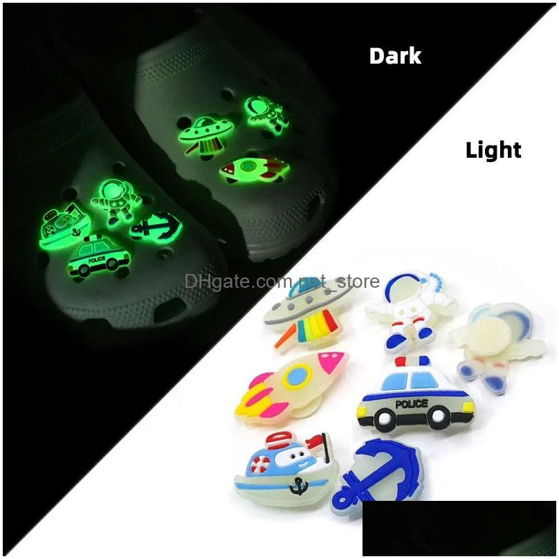 glow in the dark croc charms space alien pattern luminous clog pins shoe charm buckles decorations 2d pvc fluorescent shoe accessories fit child wristband