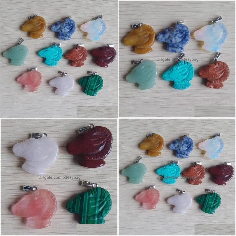 pendant necklaces 2022 fashion carving mixed assorted natural stone animal sheep head pendants charms jewelry 10pcs wholesale