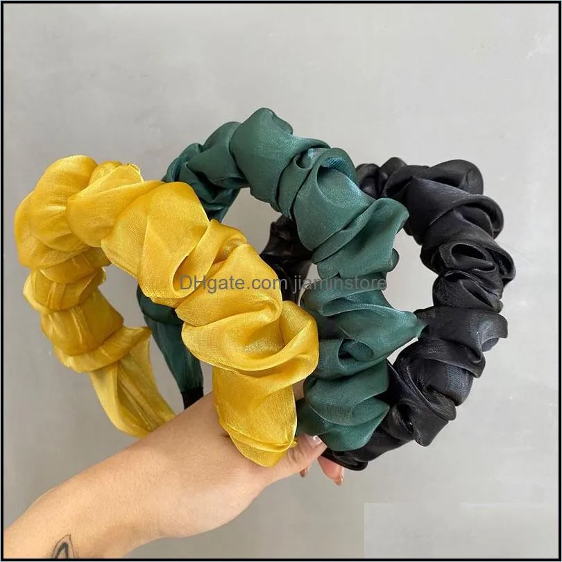 fashion solid color sliky padded pleated hairband for women autumn scrunchies headband retro hair hoop female hair accessories