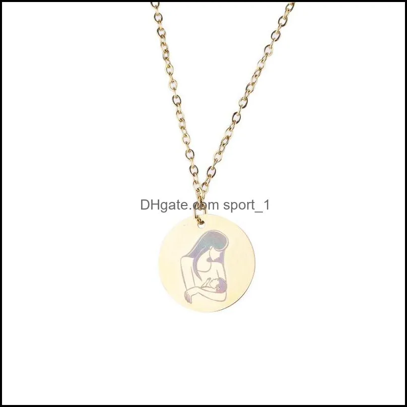 stainless steel mother baby cartoon pendant necklace moms love minimal round piece engraved silver gold colors jewelry for mothers day birthday