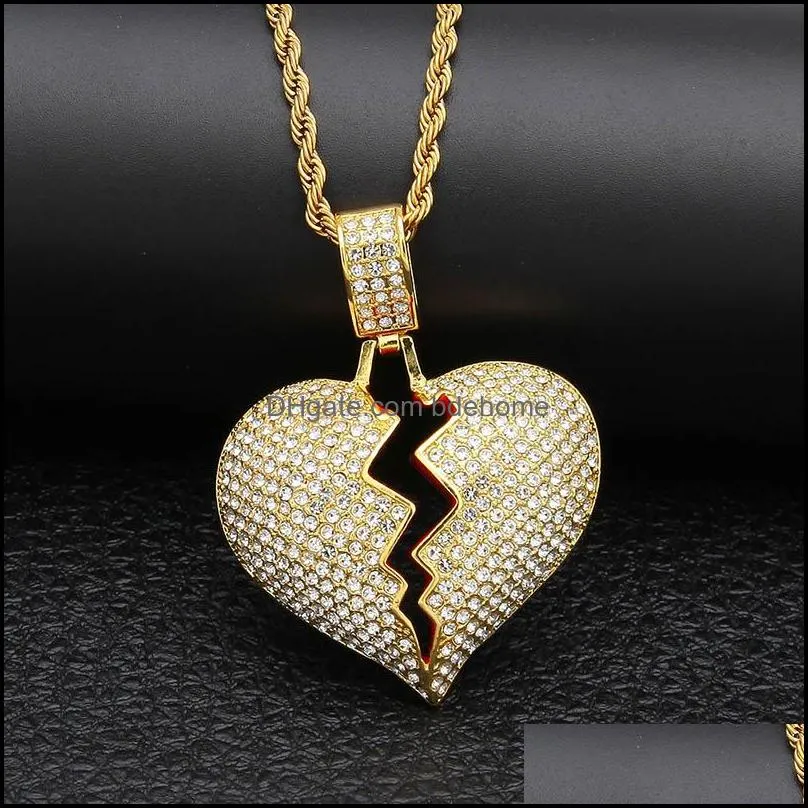 hip hop broken love heart necklace iced out bling crystal heartshaped pendant gold silver twisted rope chain for women men rapper