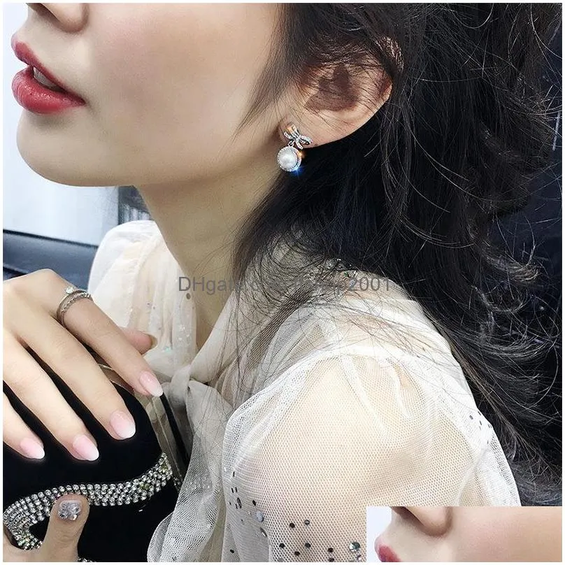 fashion jewelry s925 sliver post earrings rhinstone bowknot faux pearl dangle stud earrings
