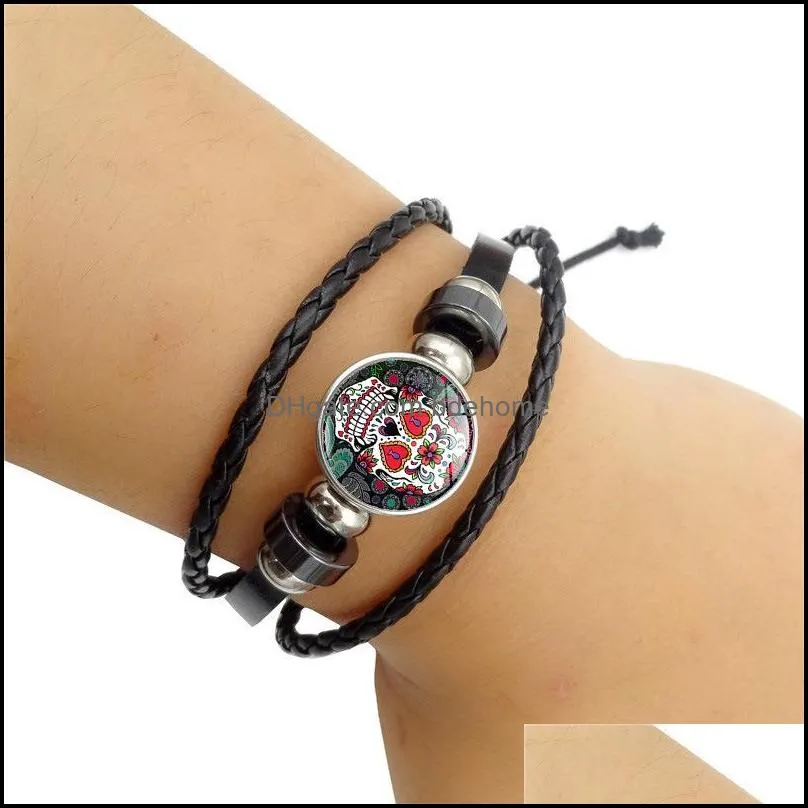  sugar skull snap button charm bracelet 18mm glass cabochon ginger snap multilayer braided rope bangle for women men s fashion