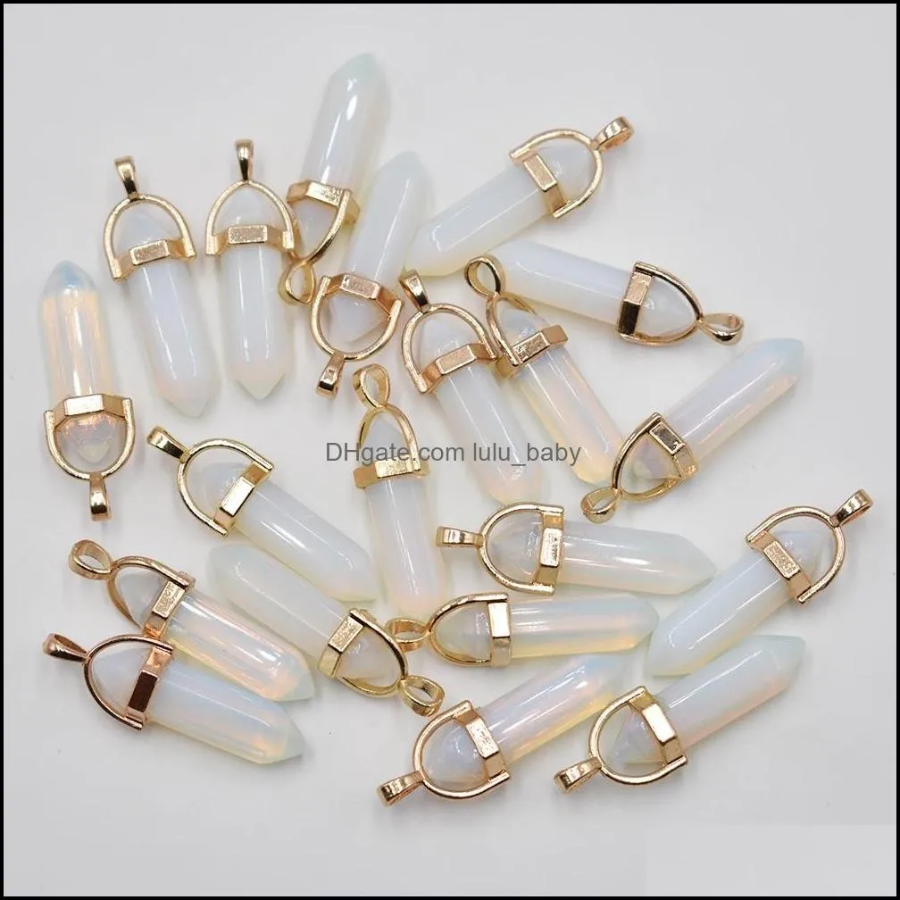 natural stone charms rose quartz amethyst opal hexagonal prism shape charms point chakra pendants for jewelry necklace earrings making