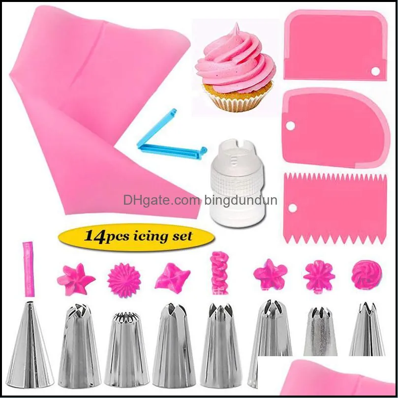 14pcs/set icing piping nozzles set cake decorating tools pastry bag scraper flower cream tips converter baking accessories 