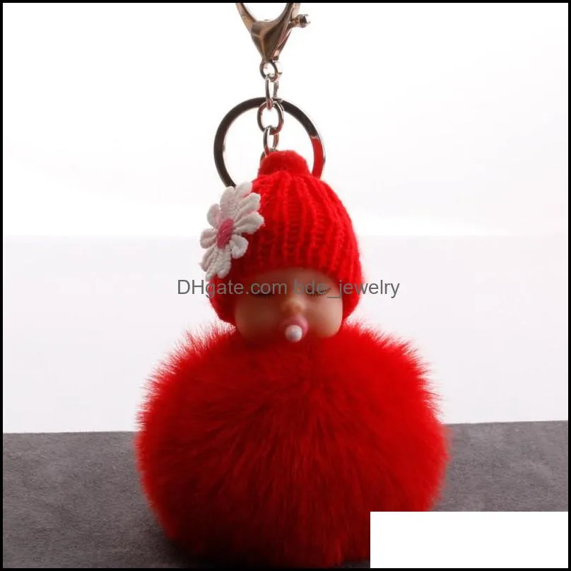 flower key rings sleeping baby doll pompom keychains plush fur ball keychain for women handbag pendant fluffy keyfob