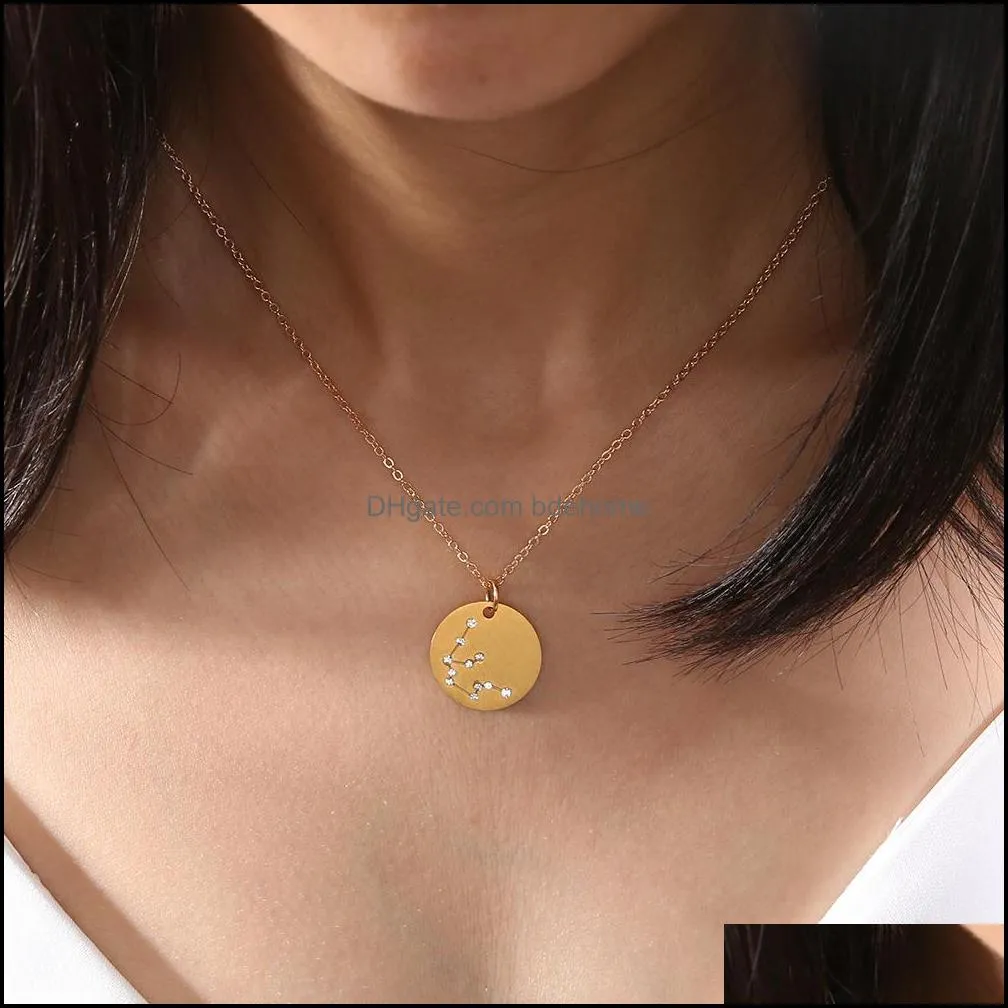  12 zodiac sign necklaces stainless steel coin crystal diamond constellation charm gold silver chain for women fashion jewelry