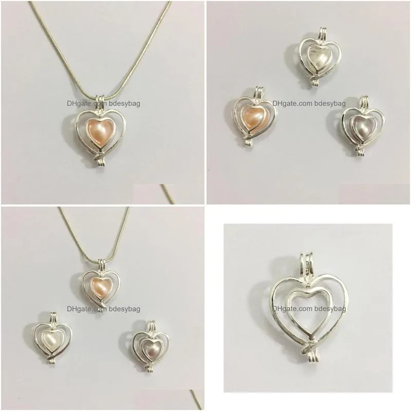 pendant necklaces solid 925 silver hollow doulbe heart love locket cage can hold 79.5mm pearl beads mounting