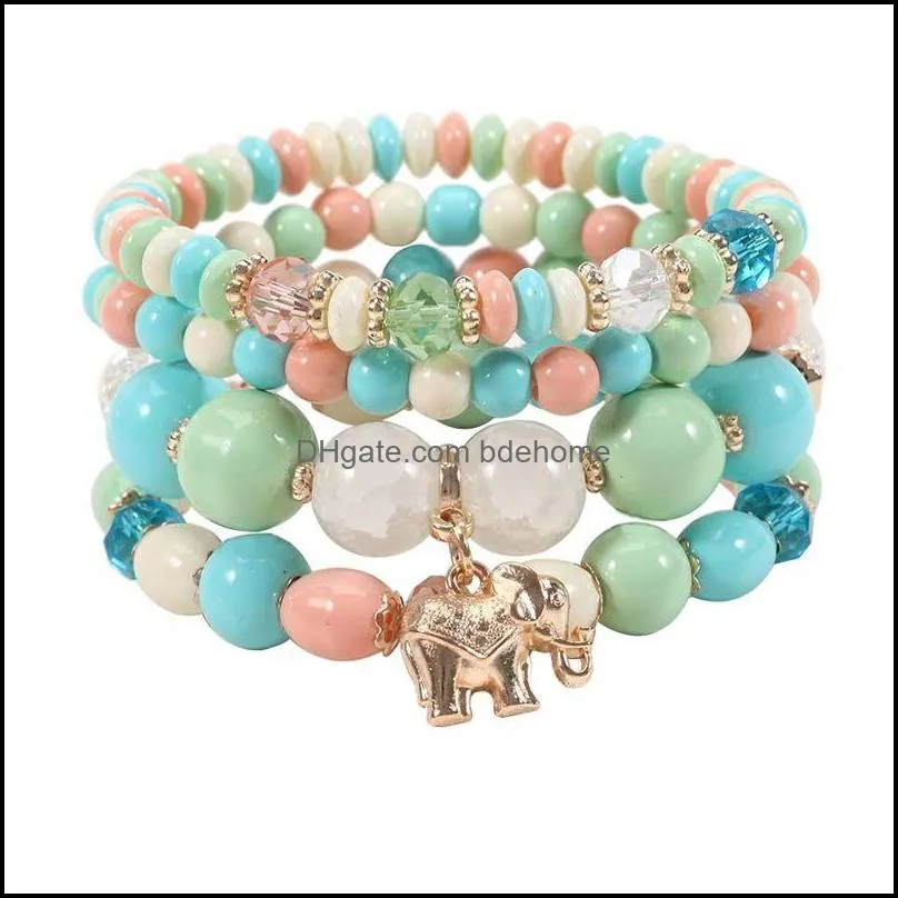 vintage elephant alloy pendant elastic multilayer beads strands bohemian bracelets women lava stone wristband bangles for party gift