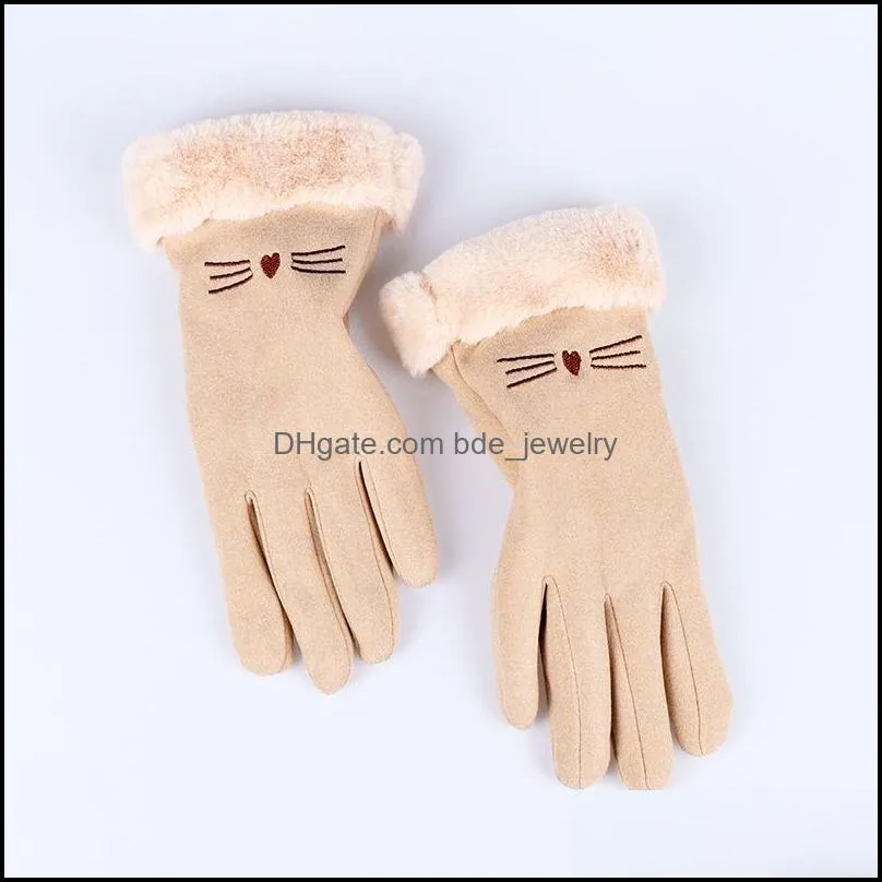winter female derong warm cashmere cute mittens suede thicken plush full finger wrist touch screen driving gloves