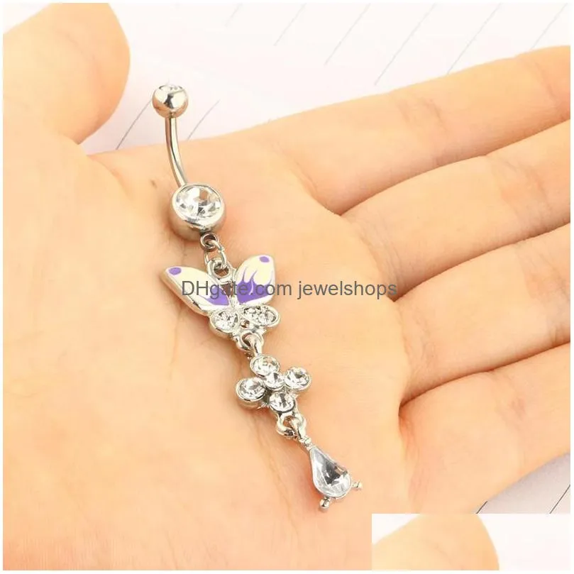 Navel Bell Button Rings Butterfly Dangle Crystal Stainless Steel Belly Ring Ear Barbell Body