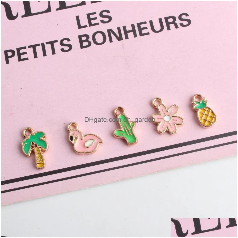 10pcs cute mini flower coconut tree flamingo enamel charms pendant diy findings women handmade jewelry making accessory p132