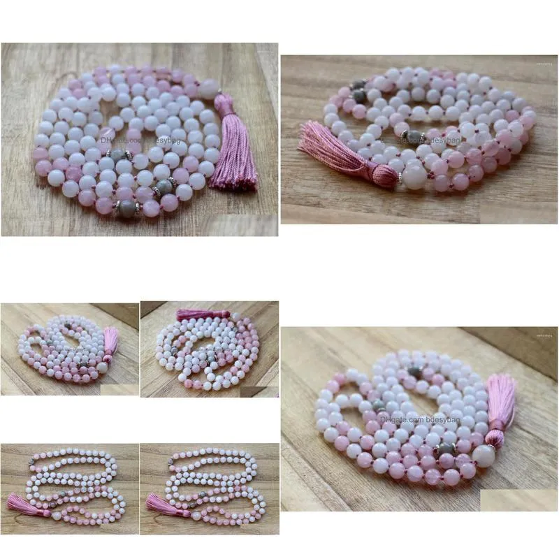 pendant necklaces 108 mala bead whitejade rosequartz necklace spiritual jewelry tassel pink hand knotted yoga prayer