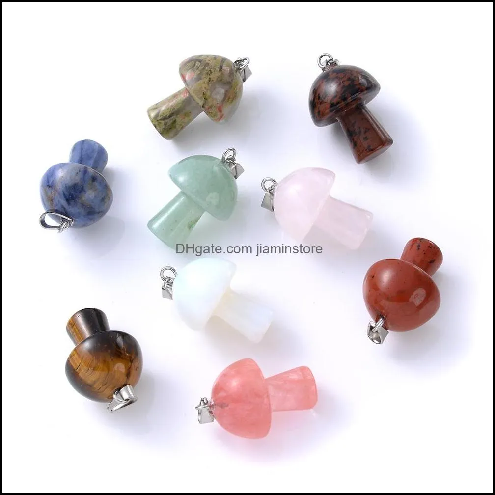 natural stone mushroom charms aventurine lapis lazuli crystal tiger eye beads pendant for diy necklace jewelry making