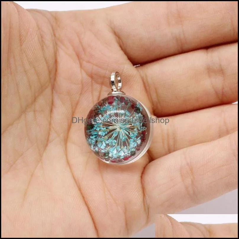 unique design ball shape 20mm dried flower glass pendant charm for necklace earring harajuku style transparent diy jewelry charm