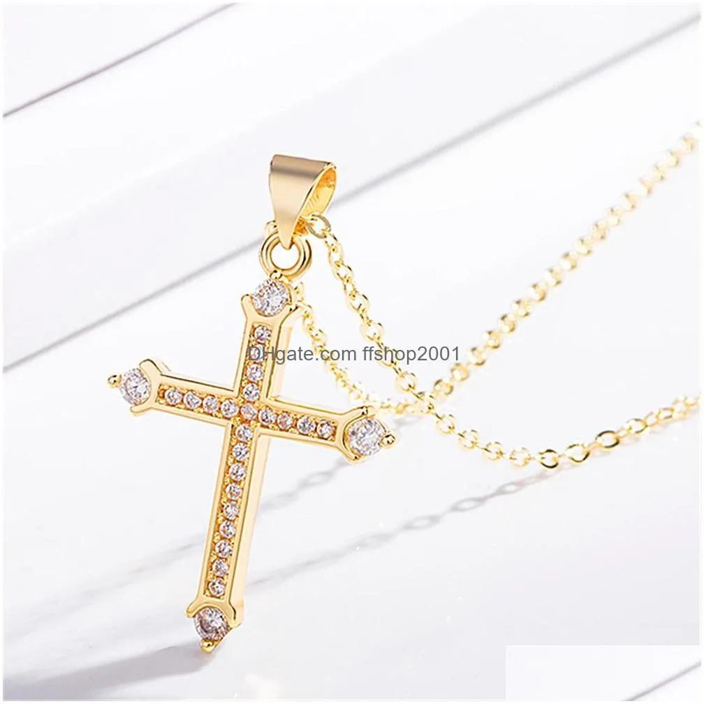 fashion jewelry gold plating diamond jesus cross necklace women men crystal row pendant necklaces