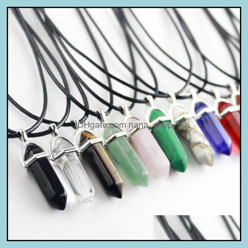  crystal hexagonal prism pendant necklaces natural quartz healing point chakra stone charm wax rope string for women jewelry in
