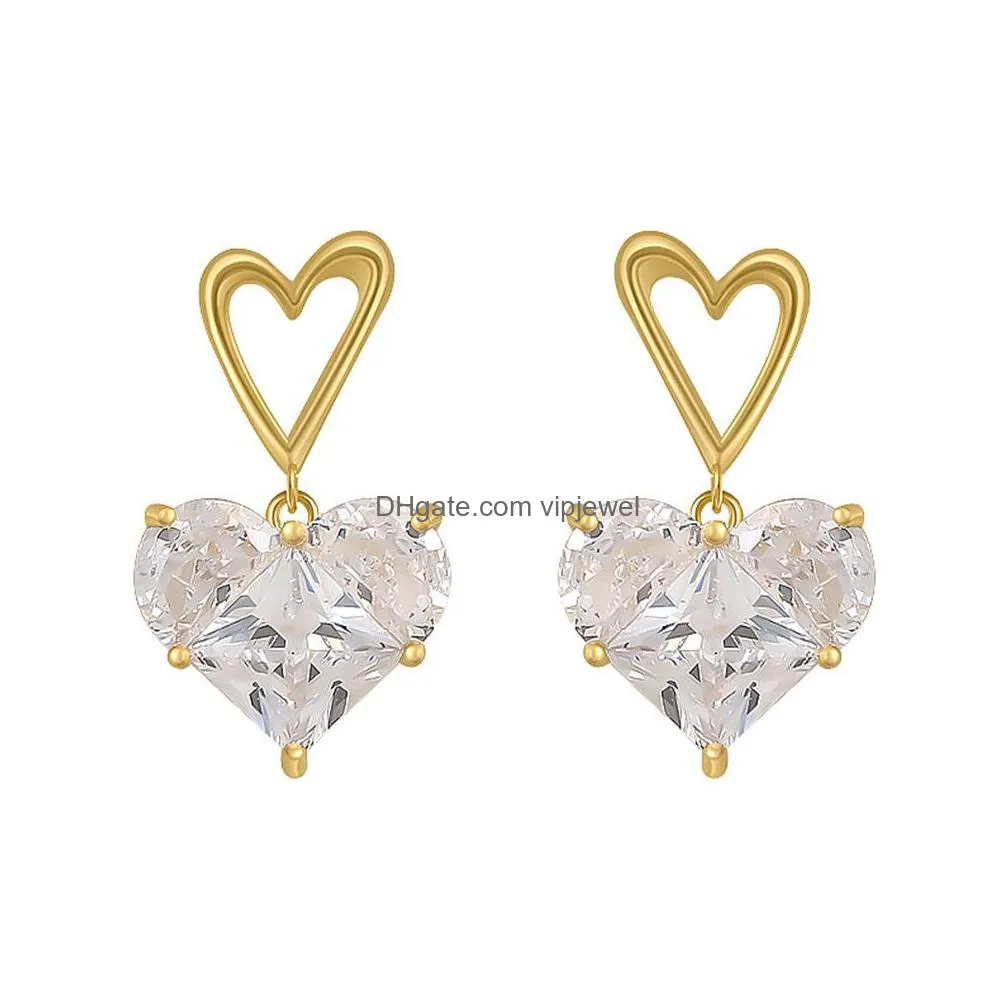 fashion jewelry copper hollow out heart zircon dangle earrings sweet peach hearts stud earrings