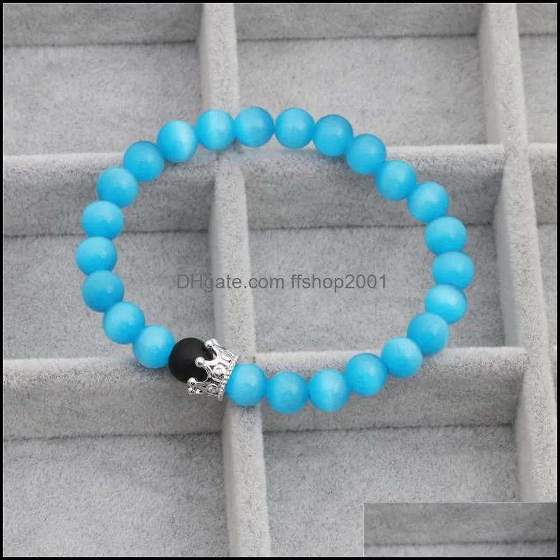 2pcs set fashion handmade black matte beads cats eye opal beads bracelet set creative crown bracelets for women and men