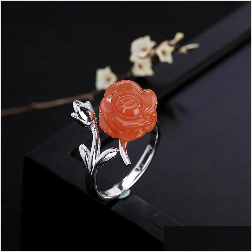 cluster rings southern red agate rose flower ring womens open s925 sterling silver fashion graceful personality to give mom gift