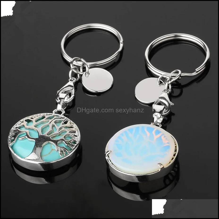 natural stone original keychains tree of life keyring silver color healing crystal car decor key rings keyholder for women men