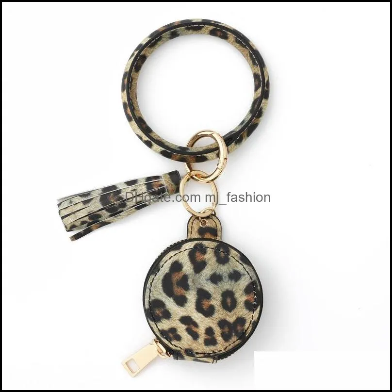 women leopard earbuds keychain bracelet leather wristlet circle key ring bangle tassel coin purse with makeup mirror q44fz