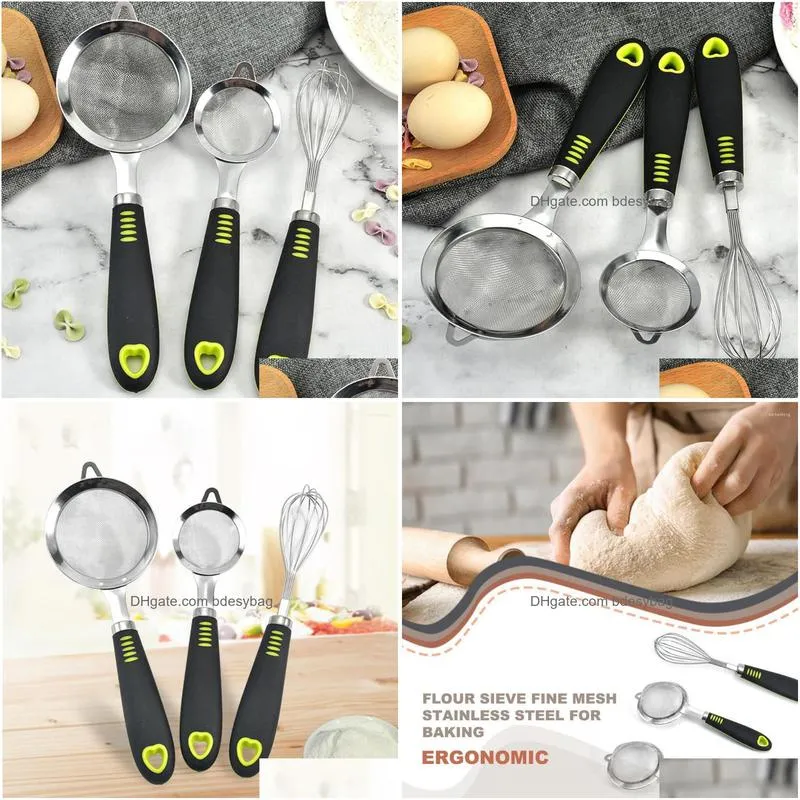 baking tools 3 pieces fine mesh sieve manual egg beater mixer chocolate pastries bakery diy handle accessories