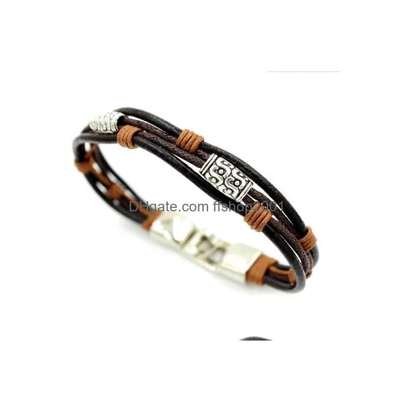fashion jewelry men leather cord handmade woven bracelet vintage alloy beads bracelet leather bracelets