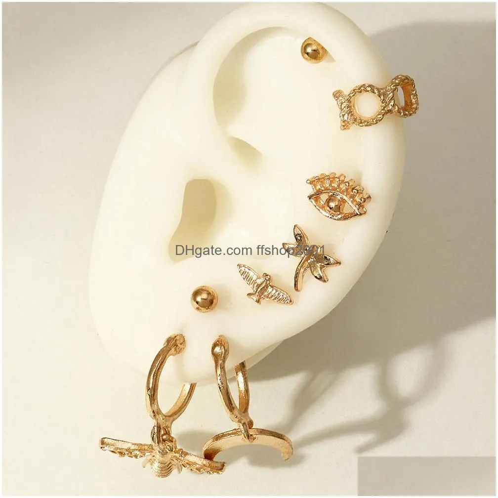fashion jewelry stud earrings set animal earring dragonfly bee eye moon multiple ear clip 8pcs/set