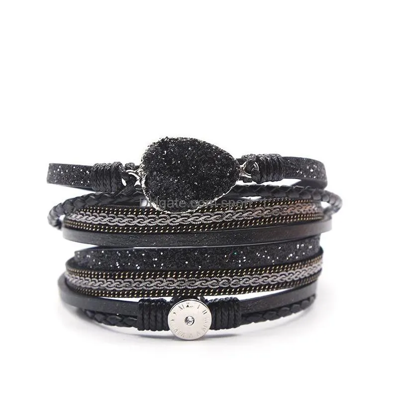 fashion jewelry pu leather bracelet charm multi layer magnet clasp bracelet