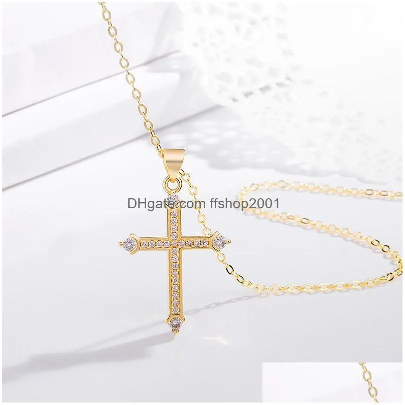 fashion jewelry gold plating diamond jesus cross necklace women men crystal row pendant necklaces