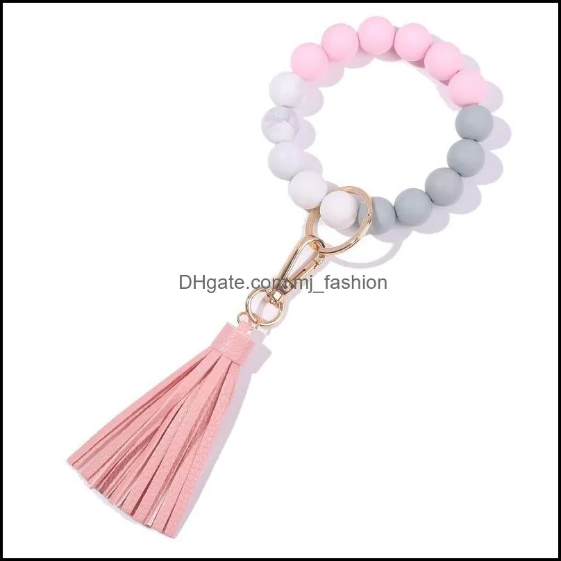 soild color silicone elastic beaded wristlet key rings bracelet personalized tassel bangle jewelry wrist strap q265fz