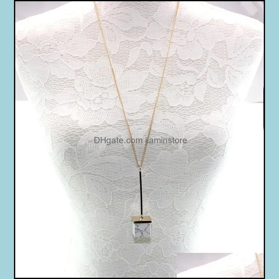 fashion natural stone square black white turquoise necklace gold metal long chain sweater statement necklace