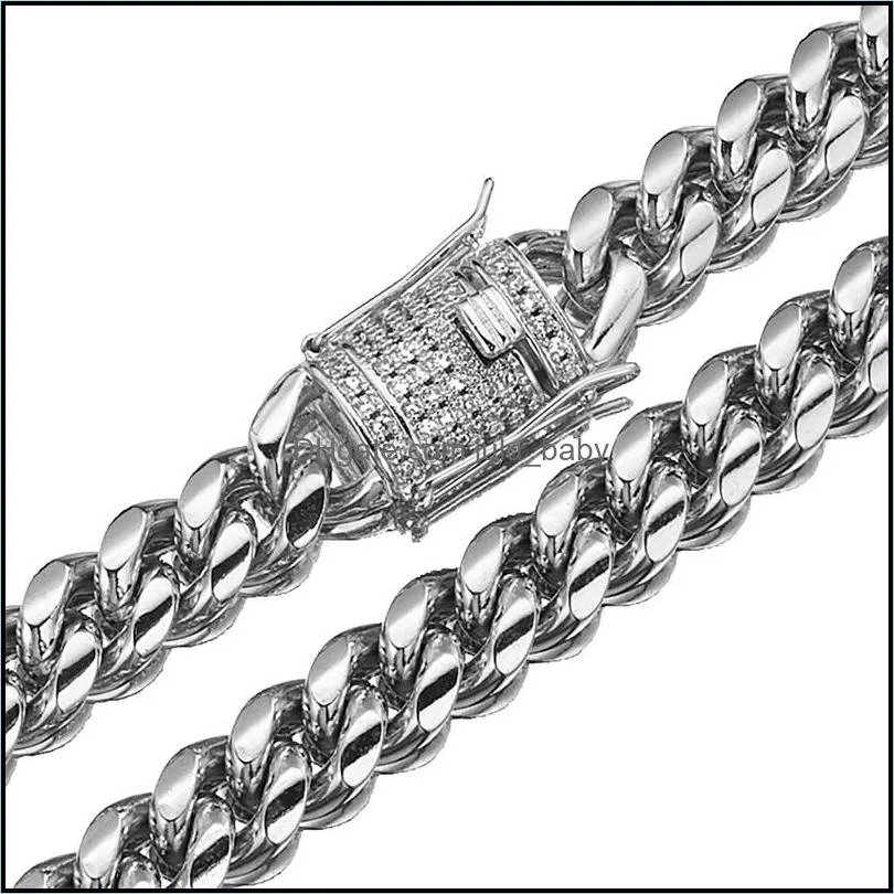 818mm wide stainless steel cuban  chain necklaces cz zircon box lock big heavy hip hop jewelry 437 q2