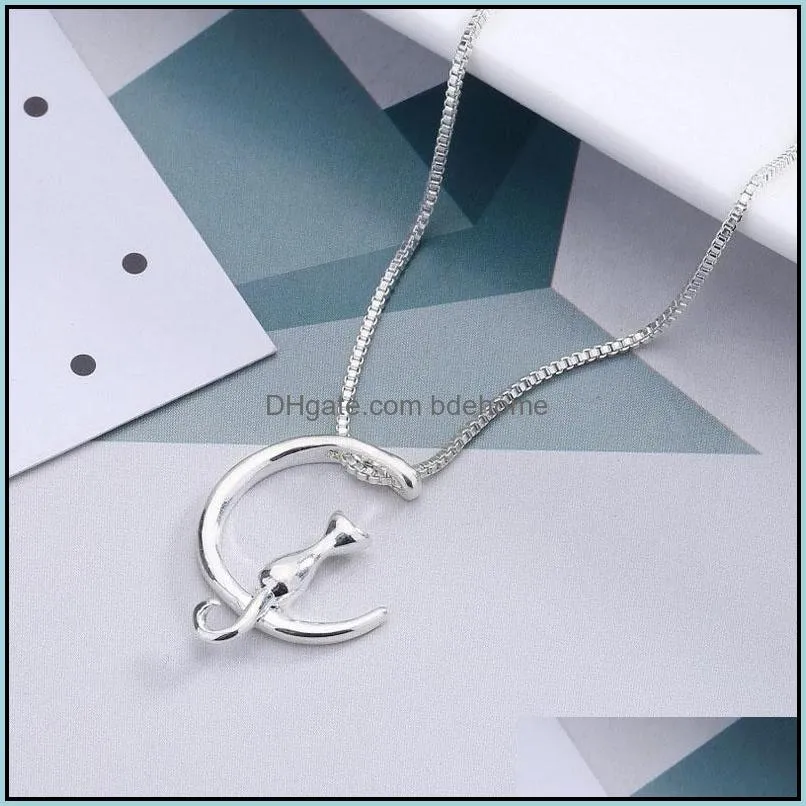  cute cat moon shape pendant necklace for women gold silver animal silver box chains fashion jewelry gift